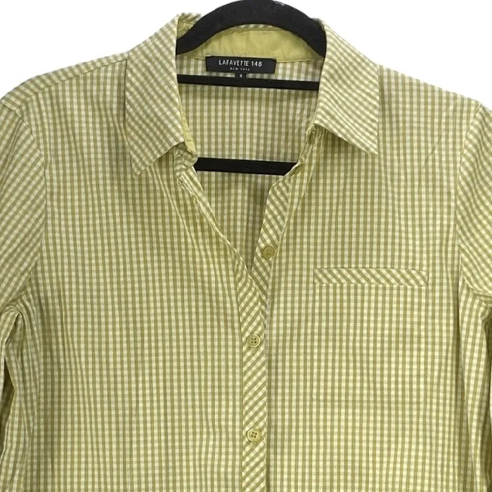 Lafayette 148 Wm’s Sz Sm Green Checkered 3/4 Sleeve Turn Cuff Button Down Shirt - Picture 2 of 4